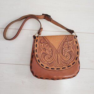 Vintage Hand Tooled Genuine Leather Purse Flower Design Caramel Colour C…